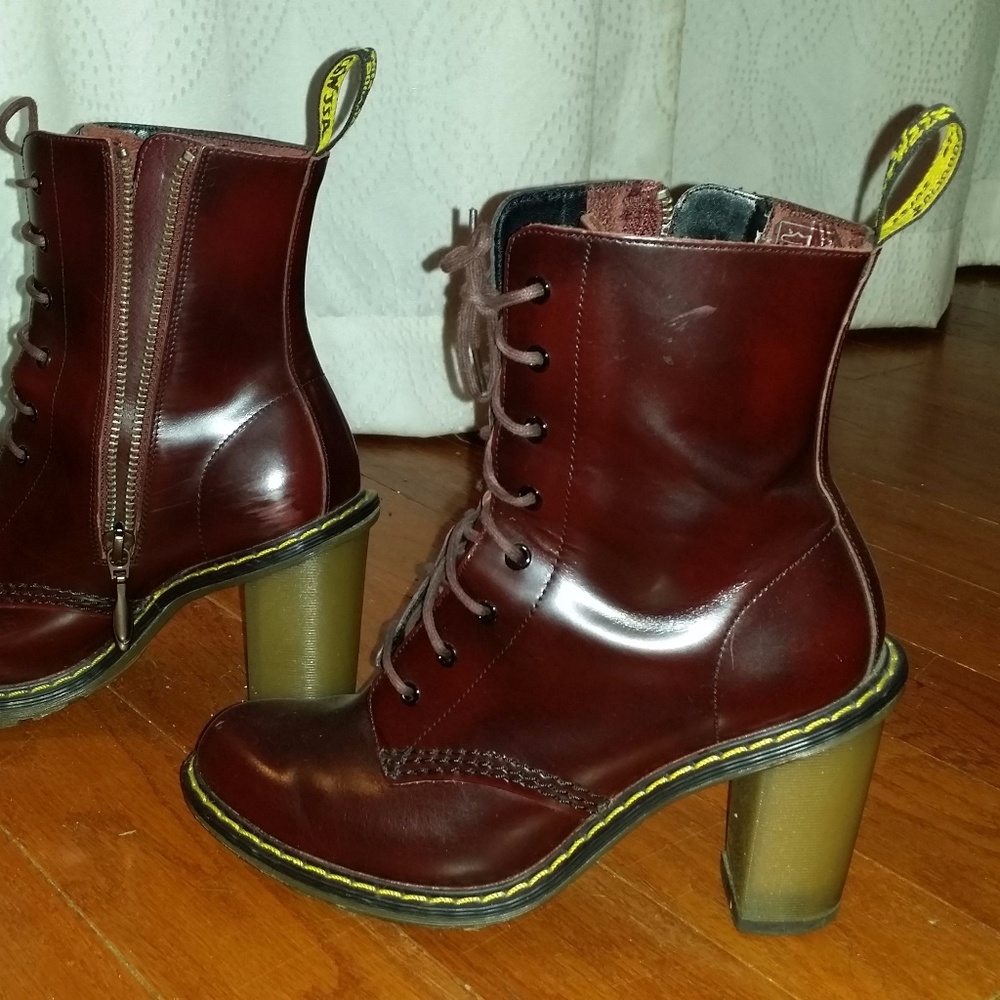Dr. Martens Cherry red heeled boots, rare leather